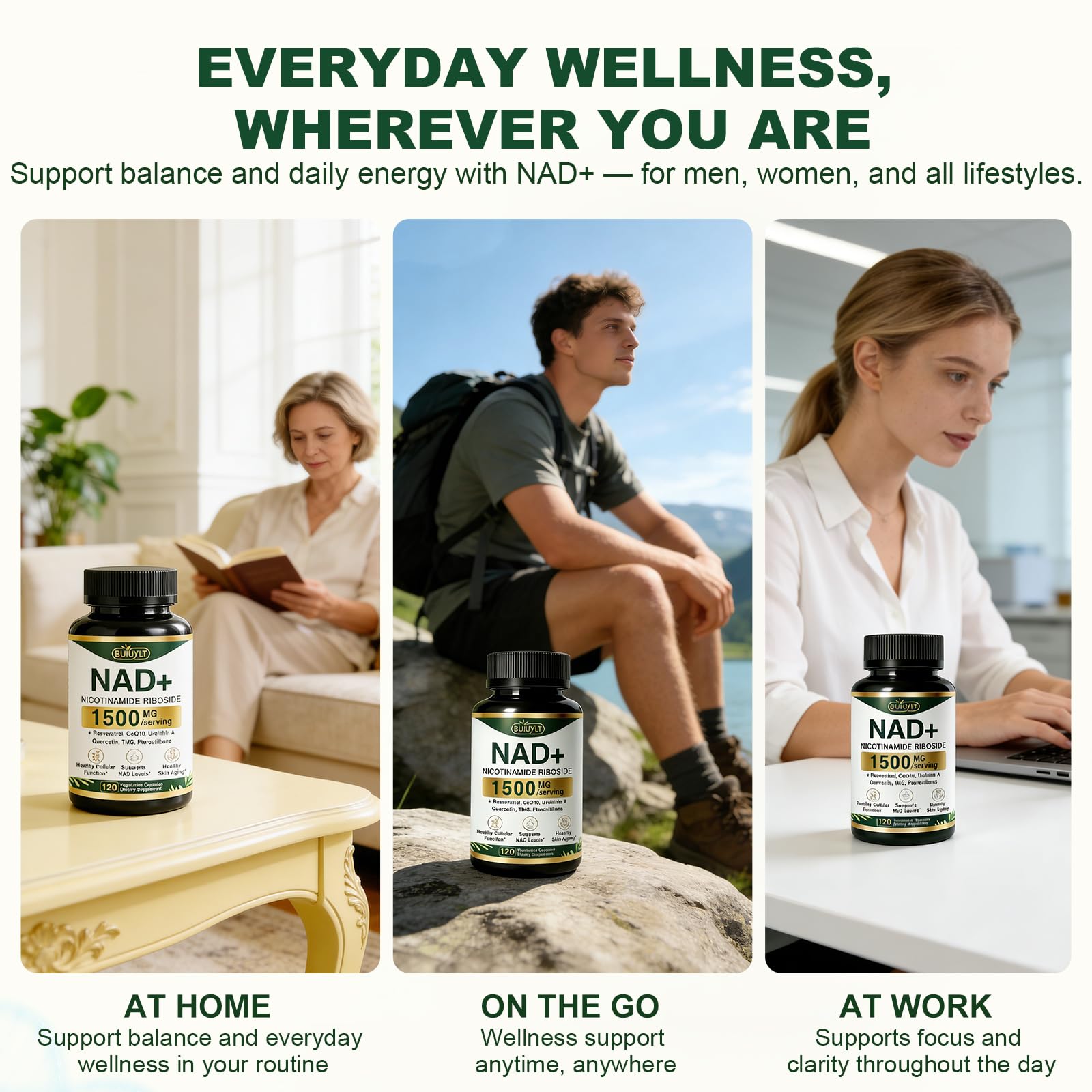BUIUYLT NAD+ Supplement 1500mg, NR NMN Replacement with Resveratrol, Urolithin A, CoQ10 & Quercetin for Cellular Energy, Healthy Aging & Stamina for Women & Men - 120 Capsules - Maple Wellness Supplements