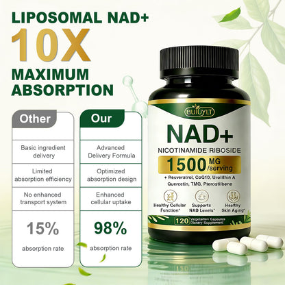 BUIUYLT NAD+ Supplement 1500mg, NR NMN Replacement with Resveratrol, Urolithin A, CoQ10 & Quercetin for Cellular Energy, Healthy Aging & Stamina for Women & Men - 120 Capsules - Maple Wellness Supplements
