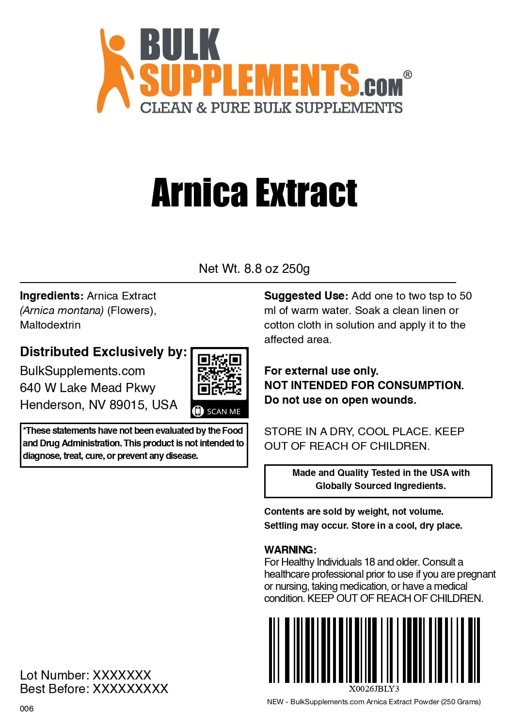 BulkSupplements.com Arnica Extract Powder - Herbal Supplement, from Dried Arnica Flowers, Servings Vary Per Use, 250g (8.8 oz) (Pack of 1) - Maple Wellness Supplements