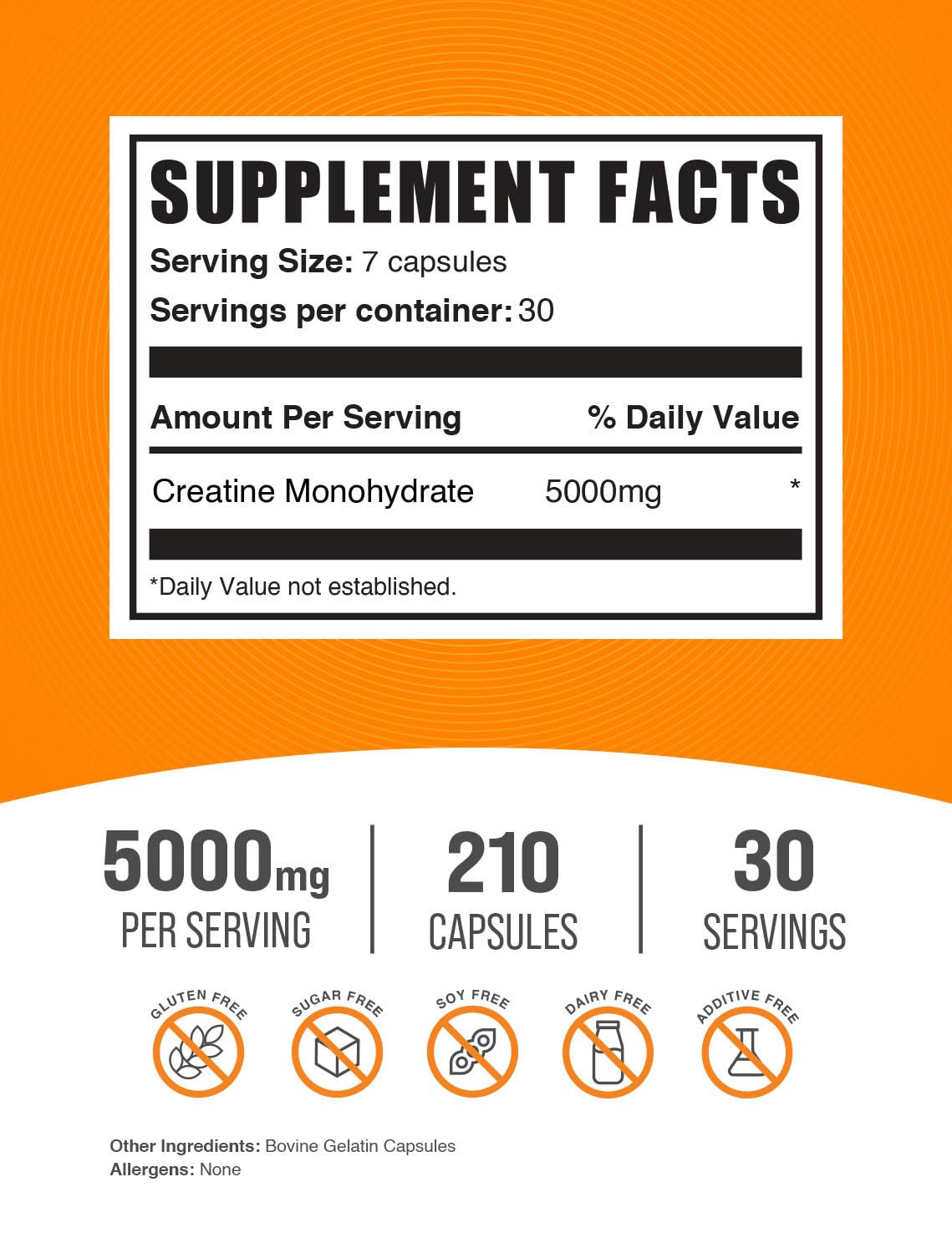 BulkSupplements.com Creatine Monohydrate Capsules - Micronized Creatine Monohydrate, Sports Nutrition - 7 Capsules per Serving, 5000mg, Gluten Free, 210 Count (Pack of 1) - Maple Wellness Supplements