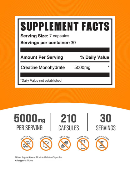 BulkSupplements.com Creatine Monohydrate Capsules - Micronized Creatine Monohydrate, Sports Nutrition - 7 Capsules per Serving, 5000mg, Gluten Free, 210 Count (Pack of 1) - Maple Wellness Supplements