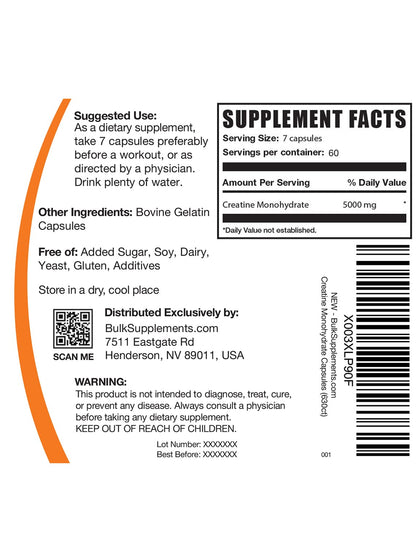 BulkSupplements.com Creatine Monohydrate Capsules - Micronized Creatine Pills - Gluten Free, 7 Capsules per Serving - Maple Wellness Supplements