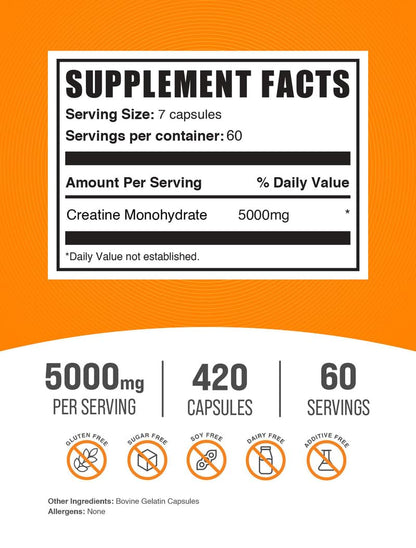 BulkSupplements.com Creatine Monohydrate Capsules - Micronized Creatine Pills - Gluten Free, 7 Capsules per Serving - Maple Wellness Supplements