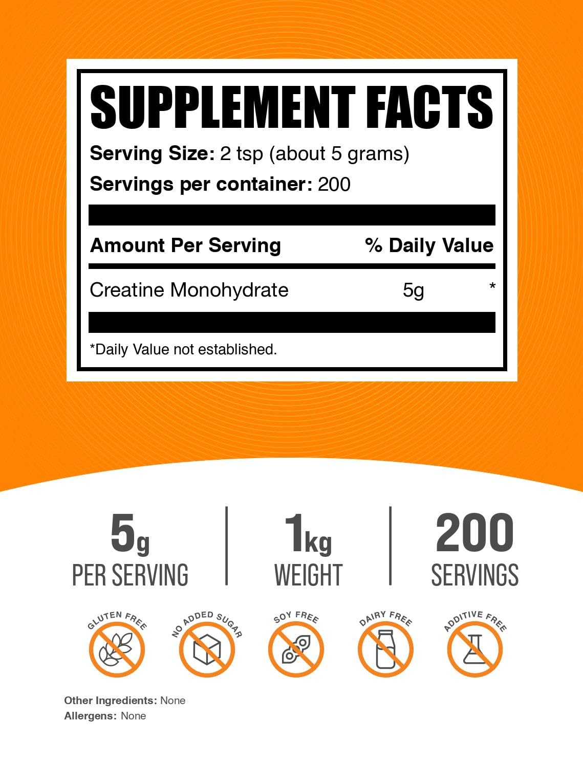BulkSupplements.com Creatine Monohydrate Powder - Micronized Creatine Powder, Unflavored - Pure & Gluten Free, 5g (5000mg) per Servings, 1kg (2.2 lbs) (Pack of 1) - Maple Wellness Supplements