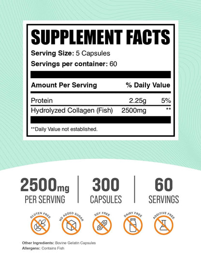 BulkSupplements.com Marine Collagen Capsules - Fish Collagen Supplement, Collagen for Women & Men - Hydrolyzed Collagen, Gluten Free, 5 Capsules per Serving, 300 Capsules (Pack of 1) - Maple Wellness Supplements