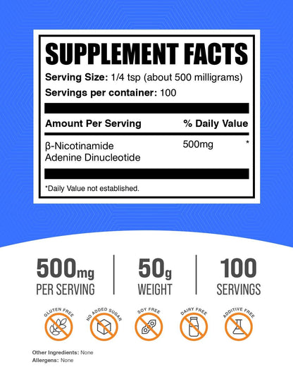 BulkSupplements.com NAD Powder - Nicotinamide Adenine Dinucleotide, NAD Supplement 500mg - for Energy Support, Pure & Gluten Free, 500mg per Serving, 50g (1.8 oz) (Pack of 1) - Maple Wellness Supplements