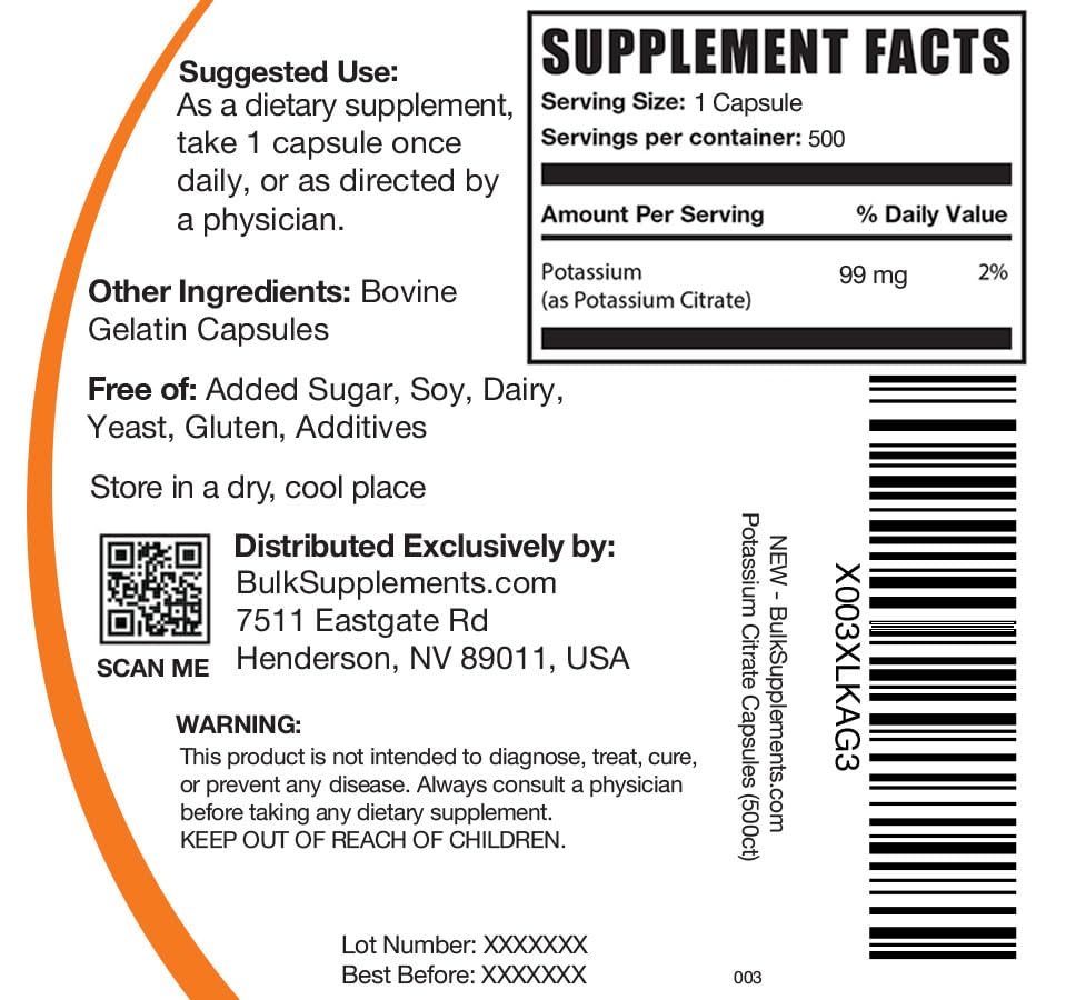 BulkSupplements.com Potassium Citrate Capsules - Potassium Supplement, Potassium - Maple Wellness Supplements