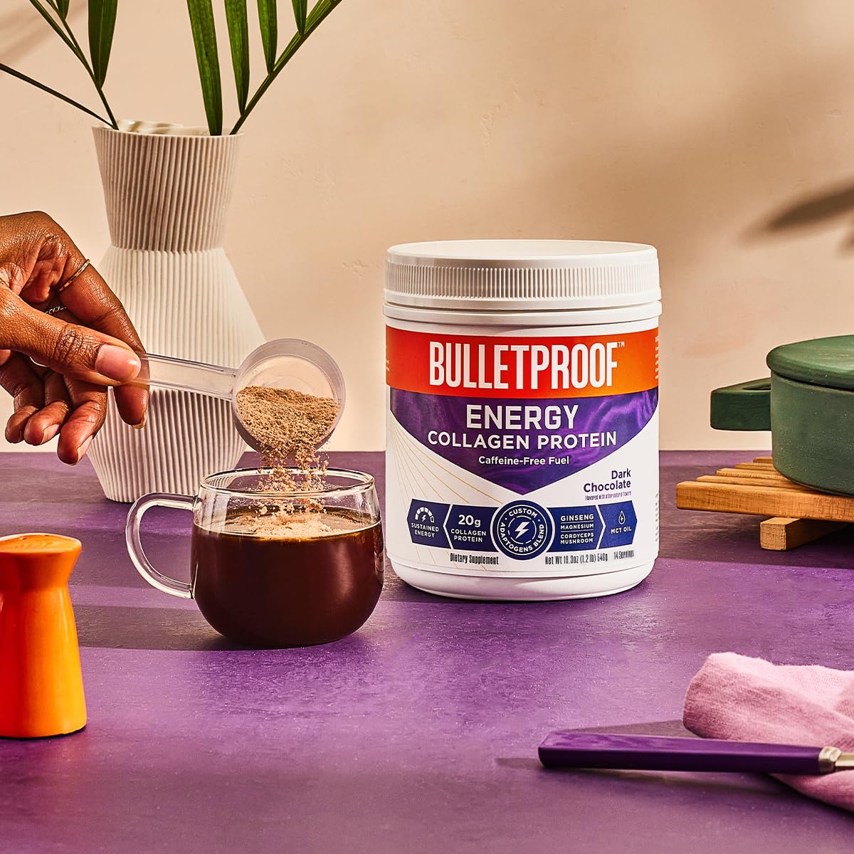 Bulletproof Dark Chocolate Energy Collagen Protein, 19.3 Ounces, Caffeine-Free Fuel - Maple Wellness Supplements