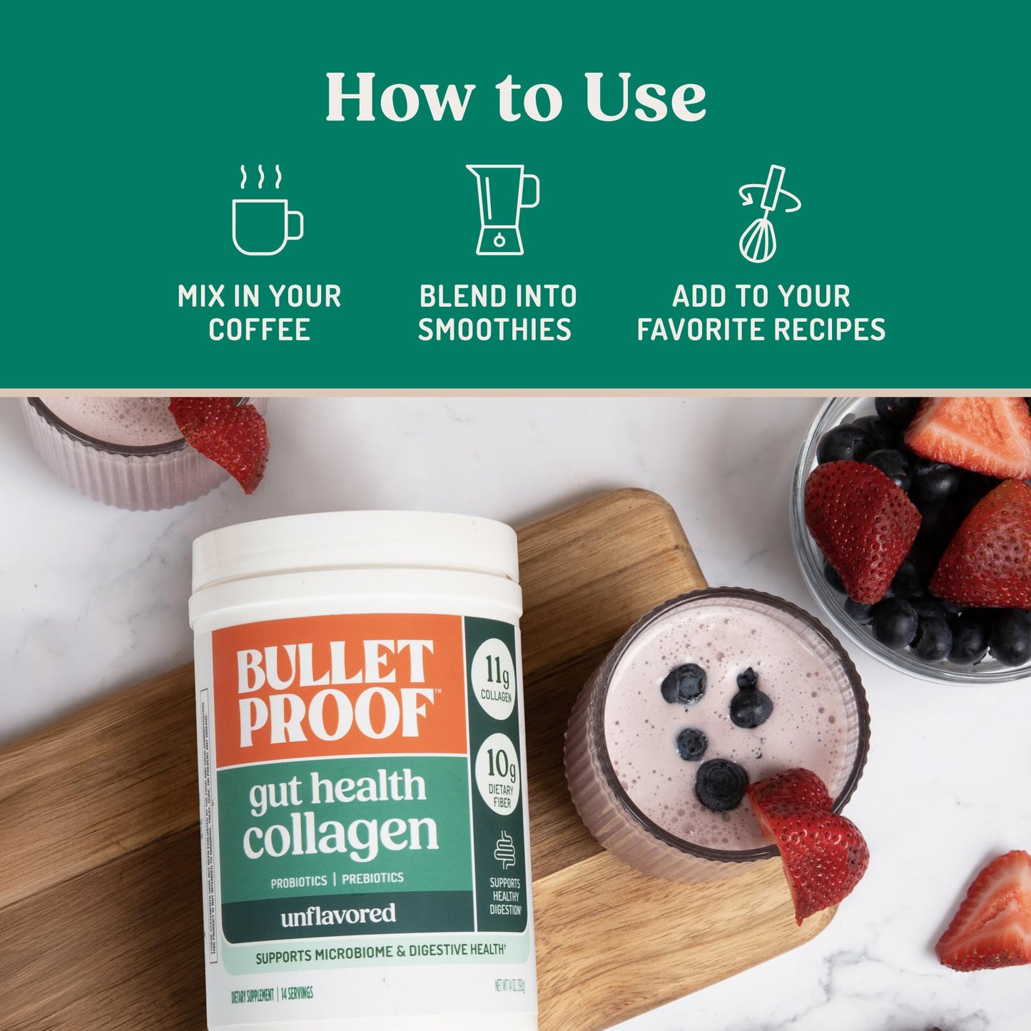 Bulletproof Unflavored Gut Health Collagen Protein, 14 Ounces, 10g Grass-Fed Collagen Peptides for Gut, Skin, Bone and Joint Support - Maple Wellness Supplements