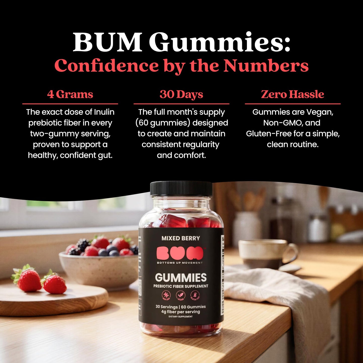 Bum Prebiotic Fiber Supplement for Men - Chicory Root Inulin Prebiotic Fiber Gummies for Men for Peachy Digestive Health, Regularity & Boating Relief - Maple Wellness Supplements