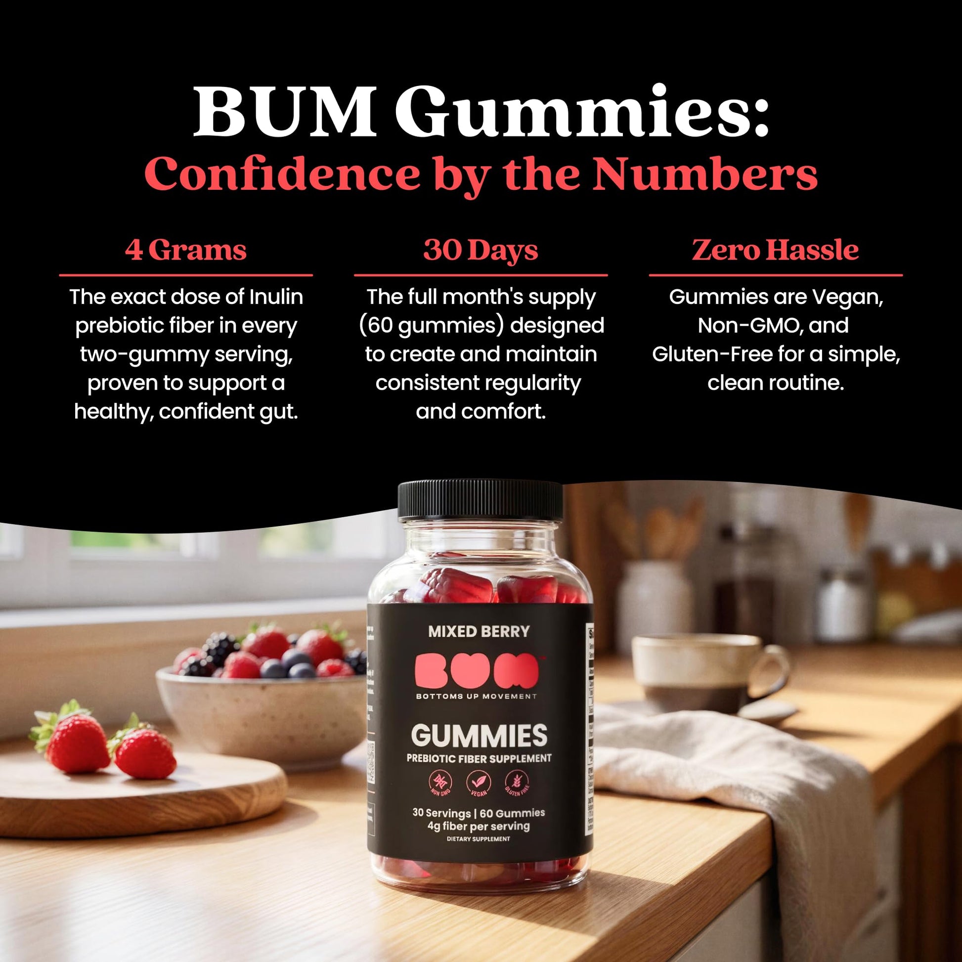 Bum Prebiotic Fiber Supplement for Men - Chicory Root Inulin Prebiotic Fiber Gummies for Men for Peachy Digestive Health, Regularity & Boating Relief - Maple Wellness Supplements