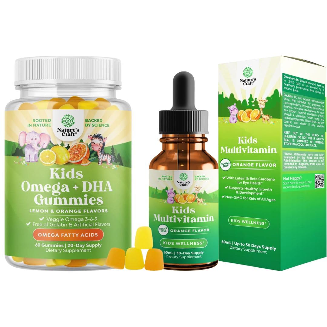 Bundle of Kids DHA Omega 3 Gummies - Fatty Acids Omega 3 6 9 for Brain Immune Strength Vision Focus Support and Liquid Multivitamin for Kids Immunity Support - Maple Wellness Supplements