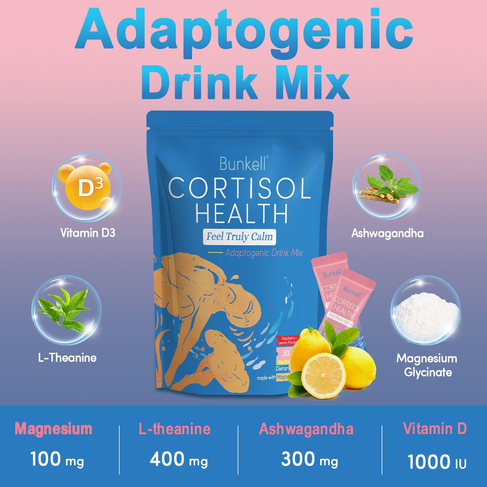 Bunkell Cortisol Powdered Drink Mix, Made with Magnesium Glycinate, L-Theanine, Ashwagandha & Vitamin D3, Cortisol Supplements for Relaxation, Focus & Calm Support, Raspberry Lemonade Flavor, 30 Ct - Maple Wellness Supplements