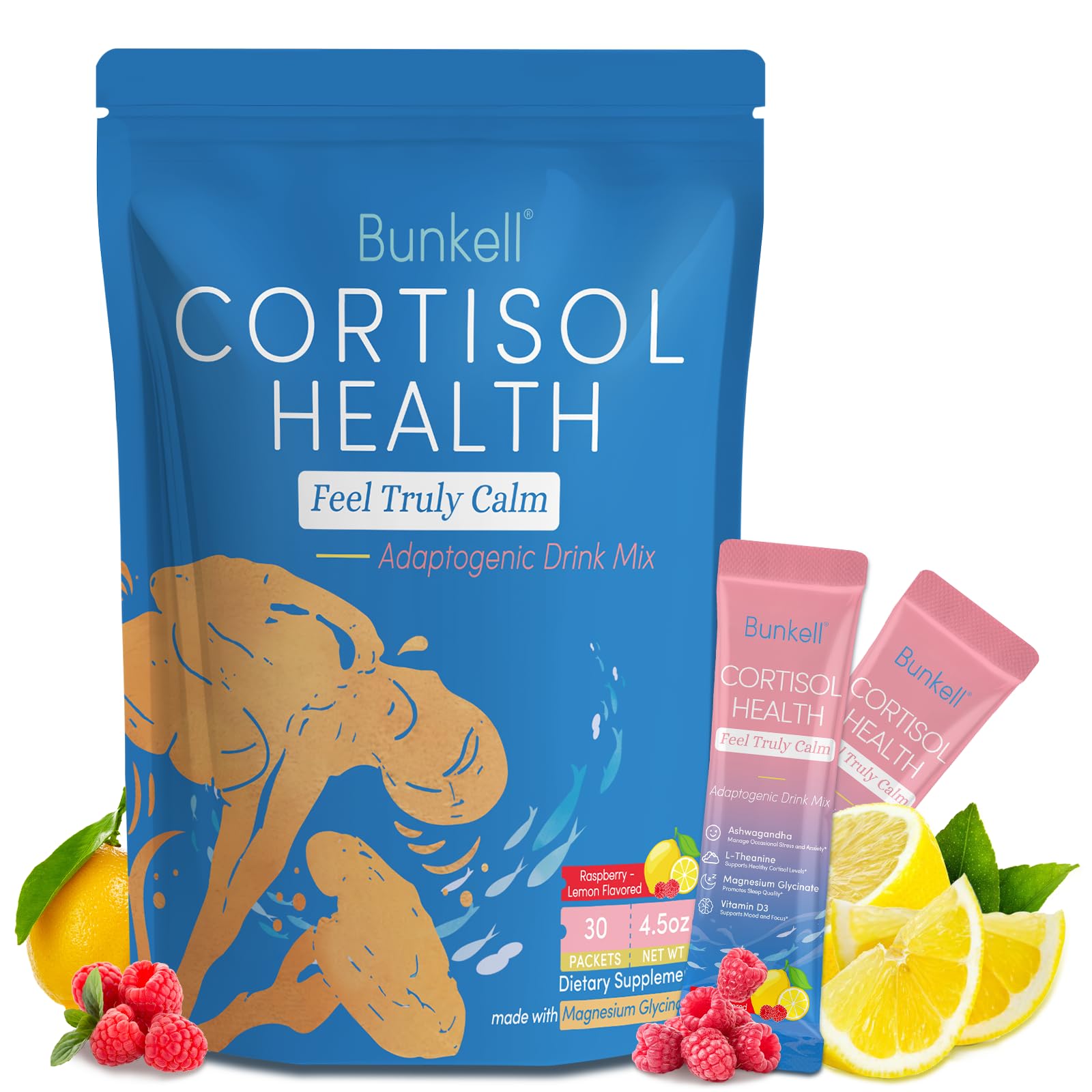 Bunkell Cortisol Powdered Drink Mix, Made with Magnesium Glycinate, L-Theanine, Ashwagandha & Vitamin D3, Cortisol Supplements for Relaxation, Focus & Calm Support, Raspberry Lemonade Flavor, 30 Ct - Maple Wellness Supplements
