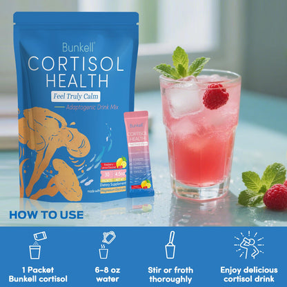 Bunkell Cortisol Powdered Drink Mix, Made with Magnesium Glycinate, L-Theanine, Ashwagandha & Vitamin D3, Cortisol Supplements for Relaxation, Focus & Calm Support, Raspberry Lemonade Flavor, 30 Ct - Maple Wellness Supplements