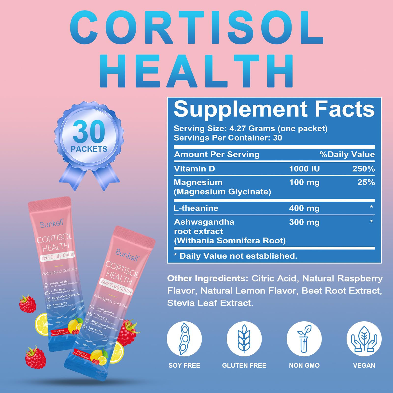 Bunkell Cortisol Powdered Drink Mix, Made with Magnesium Glycinate, L-Theanine, Ashwagandha & Vitamin D3, Cortisol Supplements for Relaxation, Focus & Calm Support, Raspberry Lemonade Flavor, 30 Ct - Maple Wellness Supplements