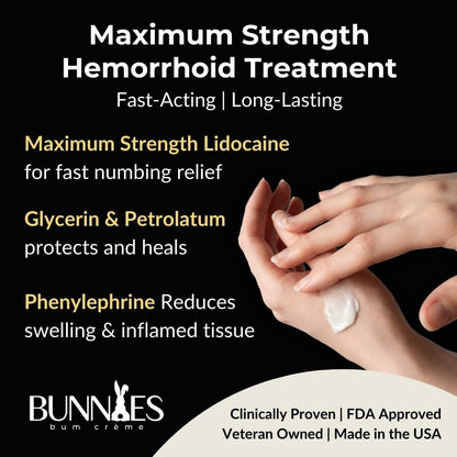 BUNNIES BUM CRÈME 5% Lidocaine Rapid Hemorrhoid Soothing Cream, 2 oz, Maximum Strength for Fast Acting for Pain, Burning, Itching, Swelling & Discomfort. - Maple Wellness Supplements