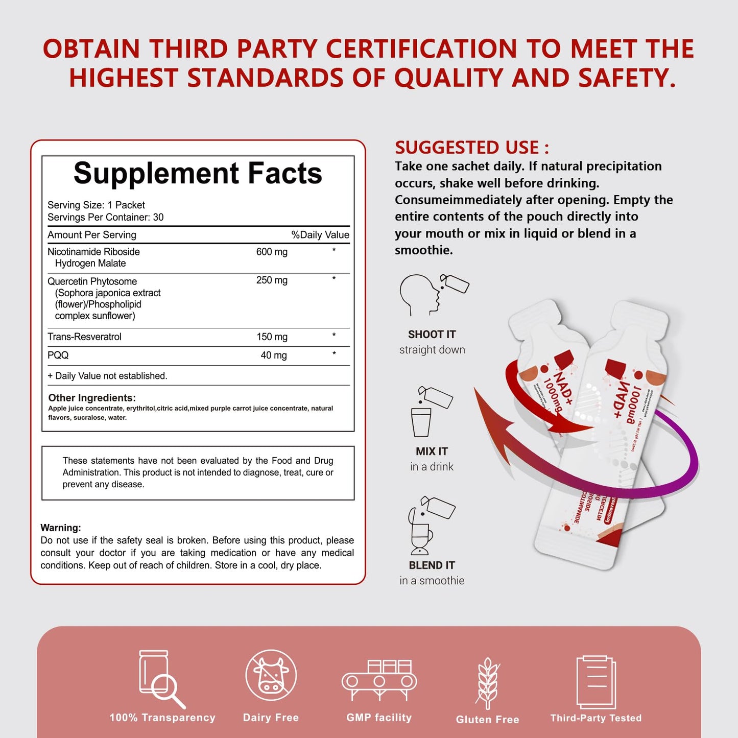 Buporai NAD Supplement 1000 mg Liquid Packets - NAD Supplements for Women & Men with Nicotinamide Riboside, Resveratrol, PQQ, Quercetin - NMNH Supplement Alternative for Anti-Aging, Energy-30 Packets - Maple Wellness Supplements