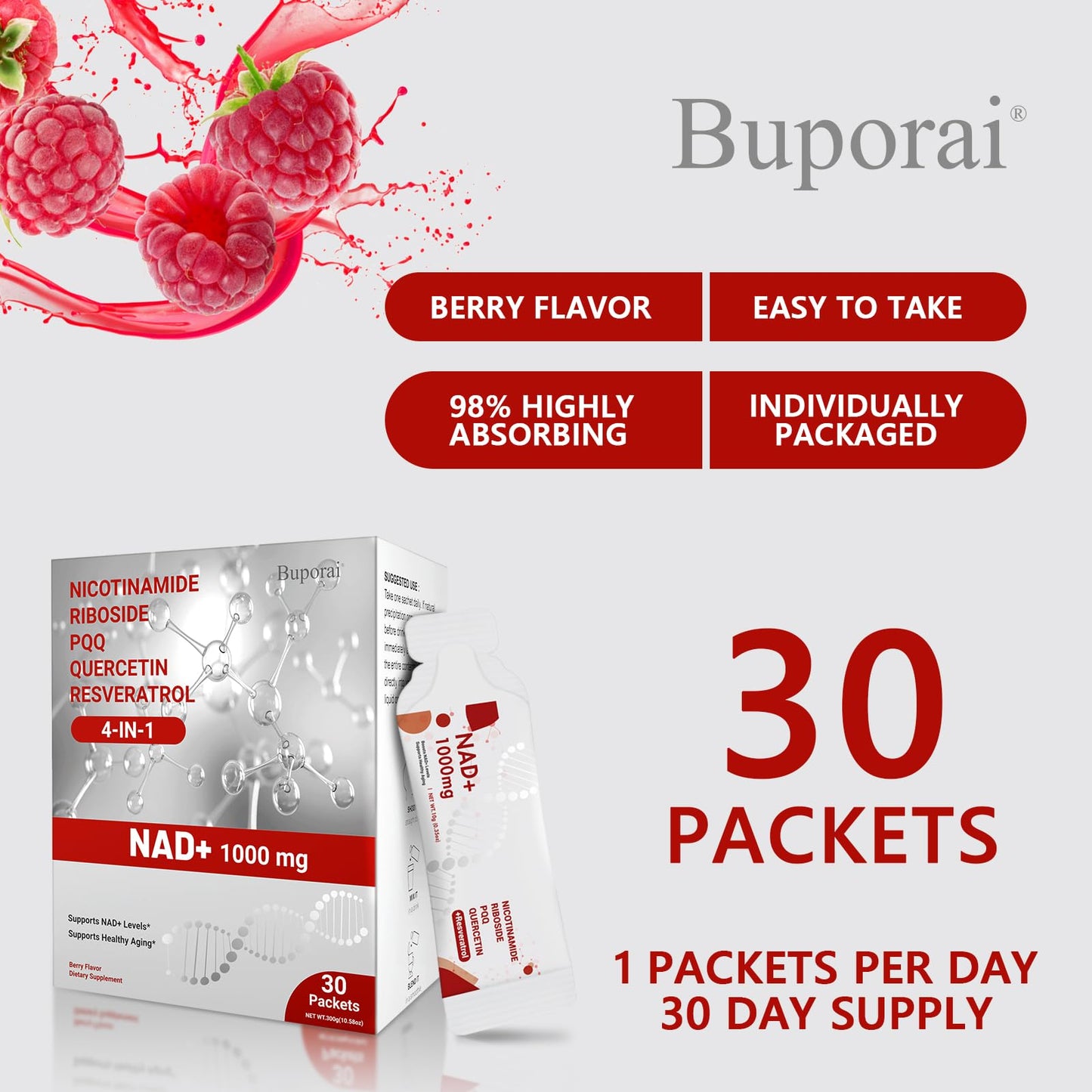 Buporai NAD Supplement 1000 mg Liquid Packets - NAD Supplements for Women & Men with Nicotinamide Riboside, Resveratrol, PQQ, Quercetin - NMNH Supplement Alternative for Anti-Aging, Energy-30 Packets - Maple Wellness Supplements