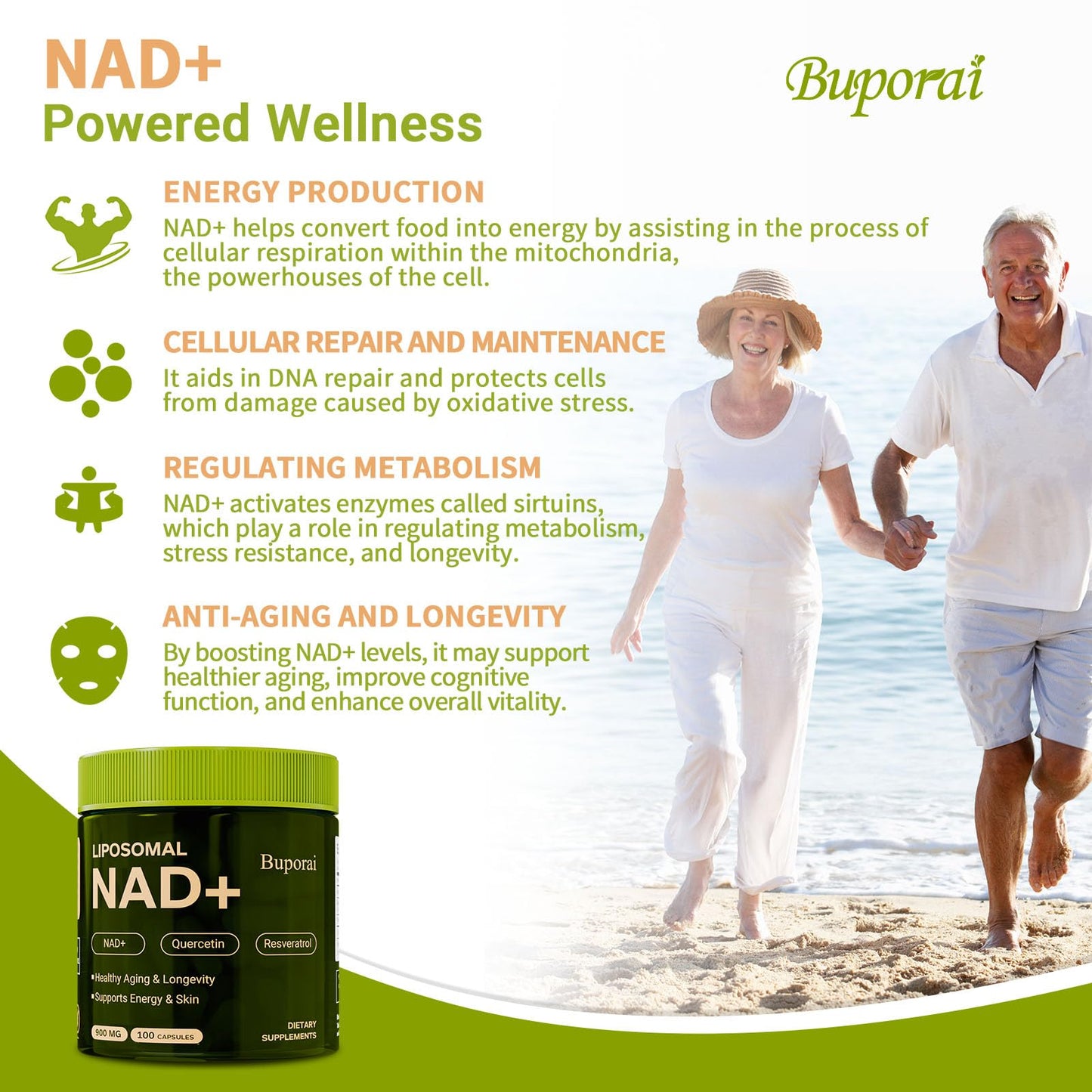 Buporai NAD Supplement 900mg with Resveratrol & Quercetin, NAD Supplement for Anti-Aging, Cellular Energy & Repair-100 Capsules - Maple Wellness Supplements