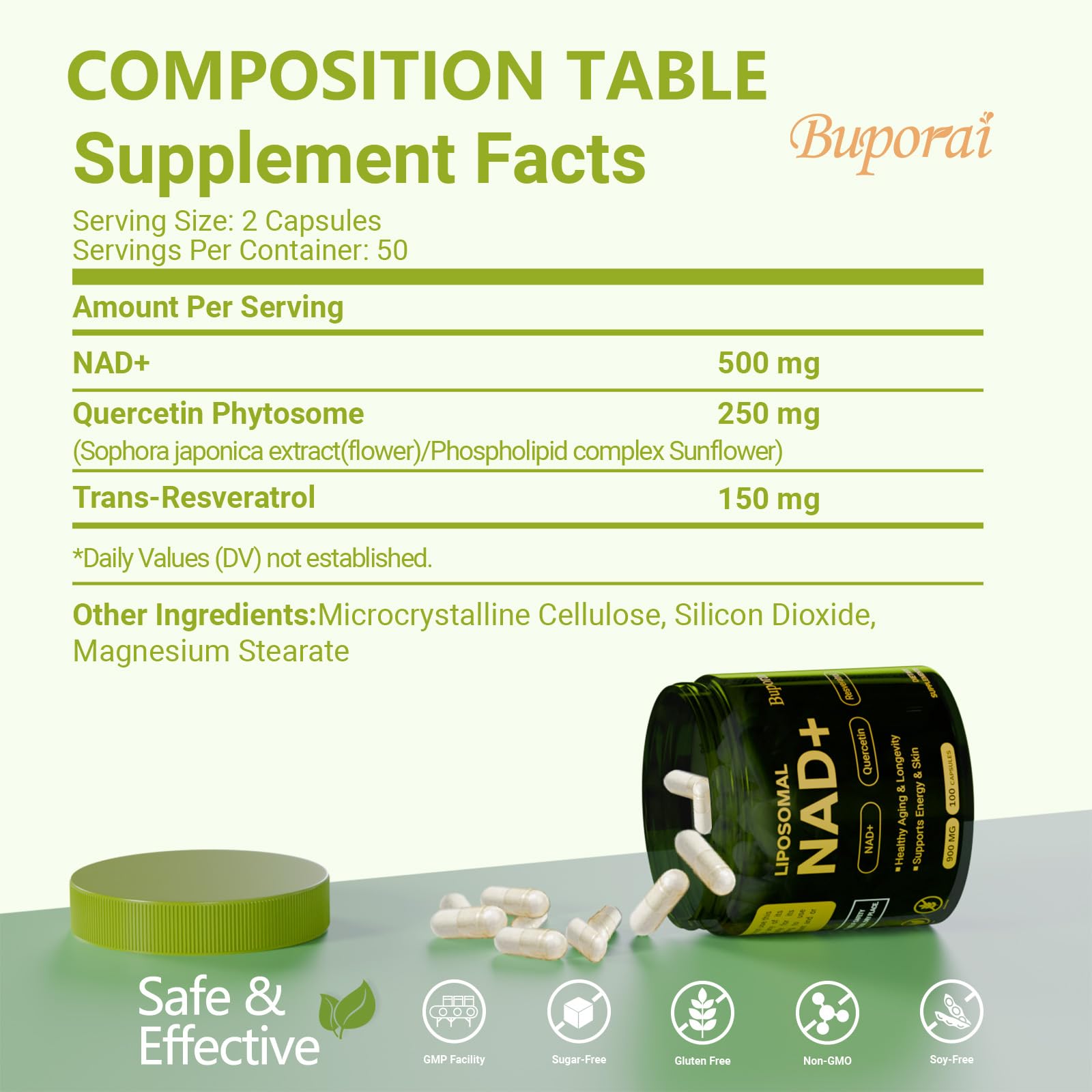 Buporai NAD Supplement 900mg with Resveratrol & Quercetin, NAD Supplement for Anti-Aging, Cellular Energy & Repair-100 Capsules - Maple Wellness Supplements
