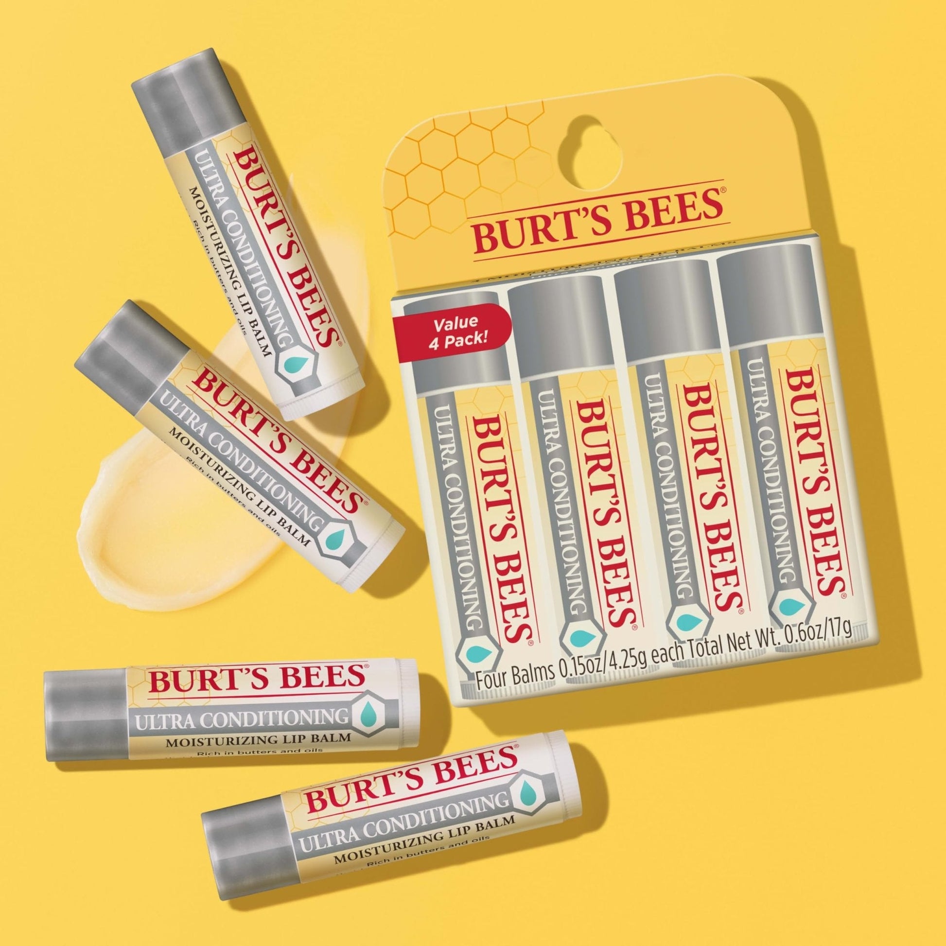 Burt's Bees Lip Balm, Moisturizing Lip Care, 100% Natural Origin, Ultra Conditioning with Shea, Cocoa & Kokum Butter (4 Pack) - Maple Wellness Supplements