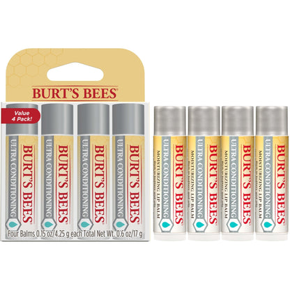 Burt's Bees Lip Balm, Moisturizing Lip Care, 100% Natural Origin, Ultra Conditioning with Shea, Cocoa & Kokum Butter (4 Pack) - Maple Wellness Supplements