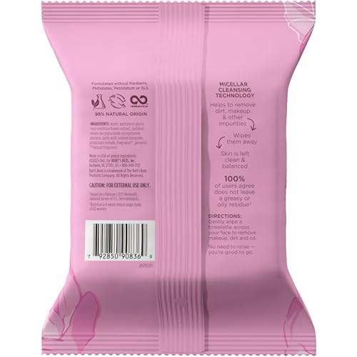 Burt’s Bees Micellar Rose Water Facial Towelettes, 100% Plant Based Cloth; 99% Natural Origin; Remove Makeup, Cleanse, Hydrate; No Oily Residue; All Skin Types; 30 Ct, Pack of 3 (Pack May Vary) - Maple Wellness Supplements