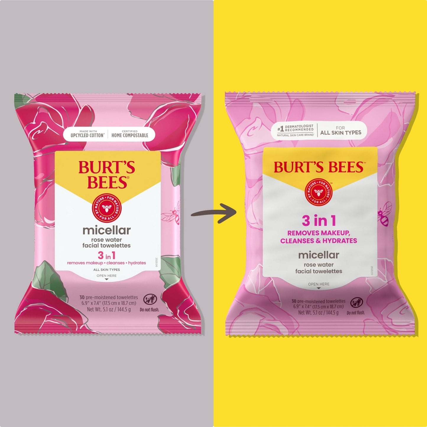 Burt’s Bees Micellar Rose Water Facial Towelettes, 100% Plant Based Cloth; 99% Natural Origin; Remove Makeup, Cleanse, Hydrate; No Oily Residue; All Skin Types; 30 Ct, Pack of 3 (Pack May Vary) - Maple Wellness Supplements