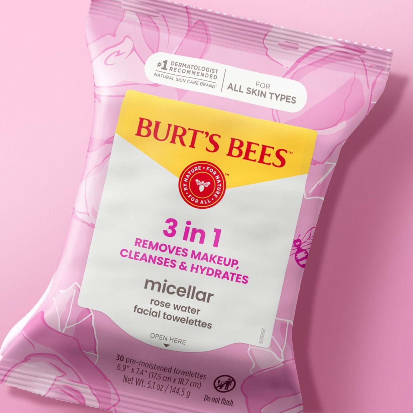Burt’s Bees Micellar Rose Water Facial Towelettes, 100% Plant Based Cloth; 99% Natural Origin; Remove Makeup, Cleanse, Hydrate; No Oily Residue; All Skin Types; 30 Ct, Pack of 3 (Pack May Vary) - Maple Wellness Supplements