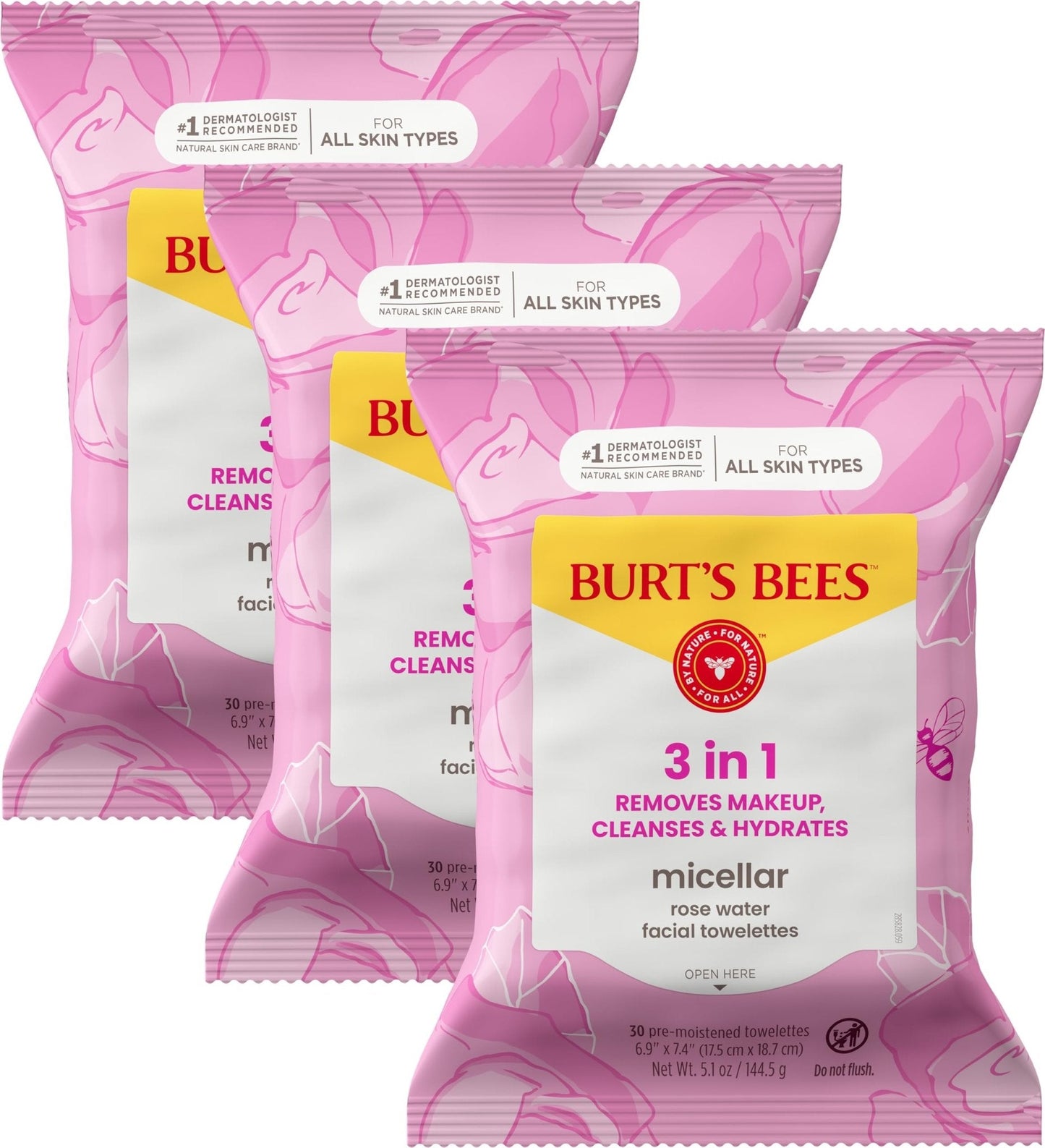 Burt’s Bees Micellar Rose Water Facial Towelettes, 100% Plant Based Cloth; 99% Natural Origin; Remove Makeup, Cleanse, Hydrate; No Oily Residue; All Skin Types; 30 Ct, Pack of 3 (Pack May Vary) - Maple Wellness Supplements