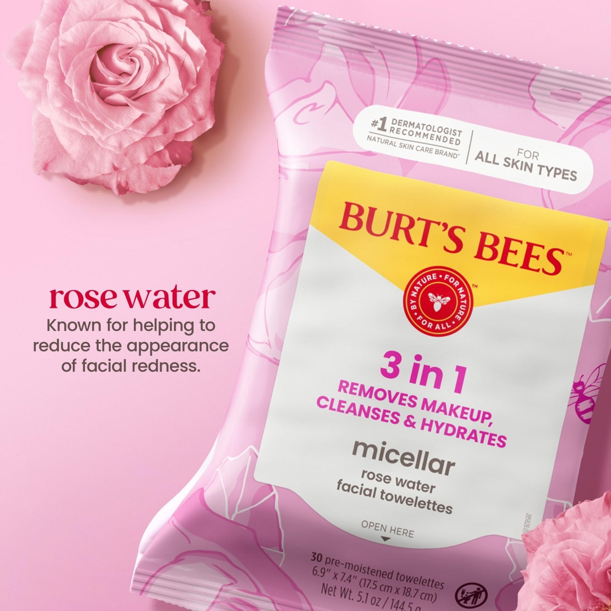 Burt’s Bees Micellar Rose Water Facial Towelettes, 100% Plant Based Cloth; 99% Natural Origin; Remove Makeup, Cleanse, Hydrate; No Oily Residue; All Skin Types; 30 Ct, Pack of 3 (Pack May Vary) - Maple Wellness Supplements