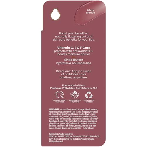 Burt’s Bees Tinted Boosted Balm, Misty Mauve, Hydrating Tinted Lip Balm with Vitamin C, E, and F Core, 24 Hour Lip Moisturizer - Maple Wellness Supplements