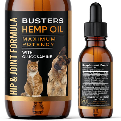 Busters Hip and Joint Hemp Oil Formula enriched with Glucosamine, Pain Relief for Dogs and Pets, Arthritis, and Advanced Mobility Support - Maple Wellness Supplements