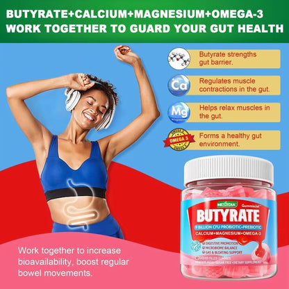 Butyrate Gummies with Probiotic + Prebiotic + Postbiotic, Omega-3 500mg,Fiber with 9 Billion CFU Probiotics, Calcium & Magnesium, Inulin,Psyllium Husk for Digestive Health,Bloating Support,Sugar Free - Maple Wellness Supplements