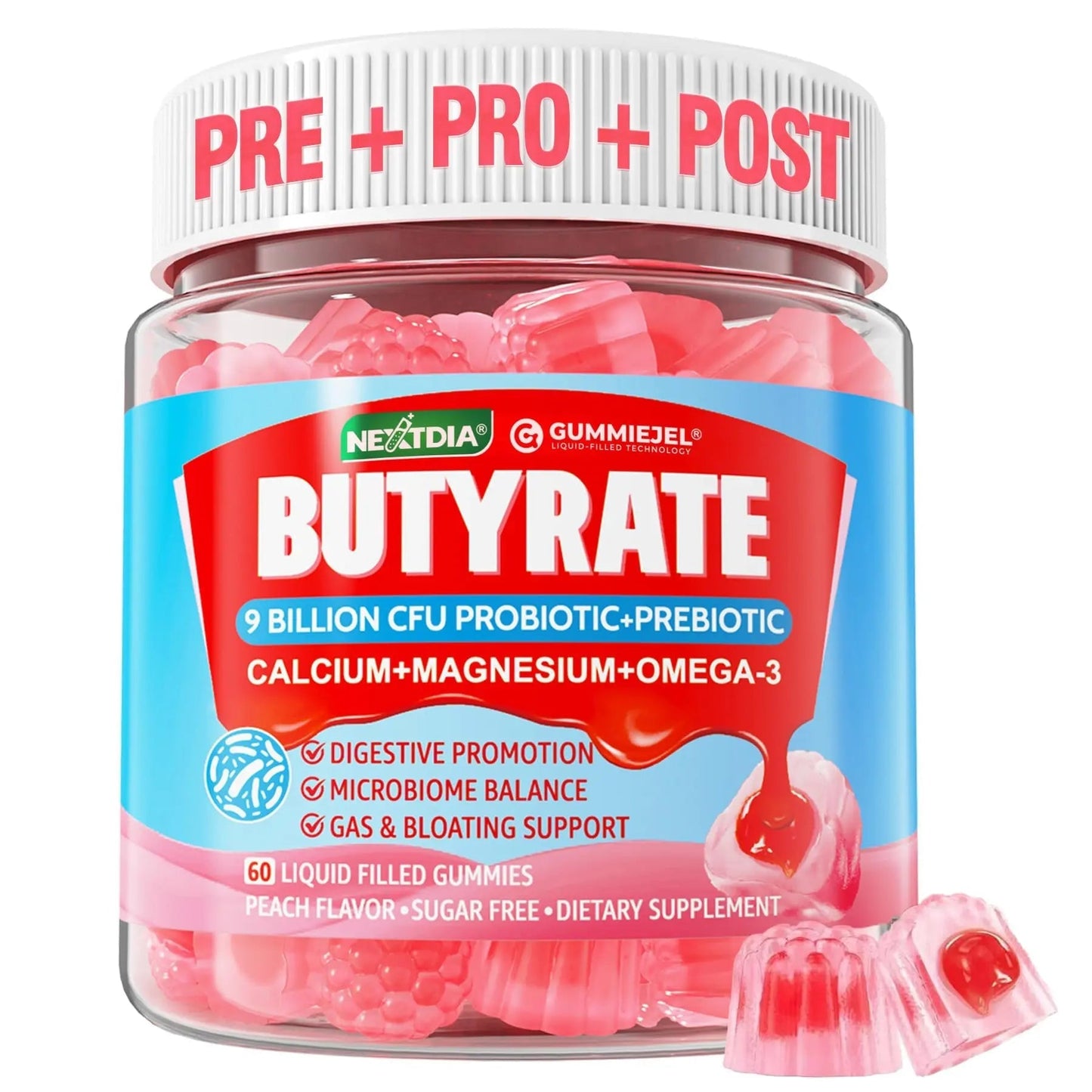 Butyrate Gummies with Probiotic + Prebiotic + Postbiotic, Omega-3 500mg,Fiber with 9 Billion CFU Probiotics, Calcium & Magnesium, Inulin,Psyllium Husk for Digestive Health,Bloating Support,Sugar Free - Maple Wellness Supplements