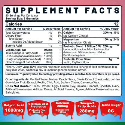 Butyrate Gummies with Probiotic + Prebiotic + Postbiotic, Omega-3 500mg,Fiber with 9 Billion CFU Probiotics, Calcium & Magnesium, Inulin,Psyllium Husk for Digestive Health,Bloating Support,Sugar Free - Maple Wellness Supplements