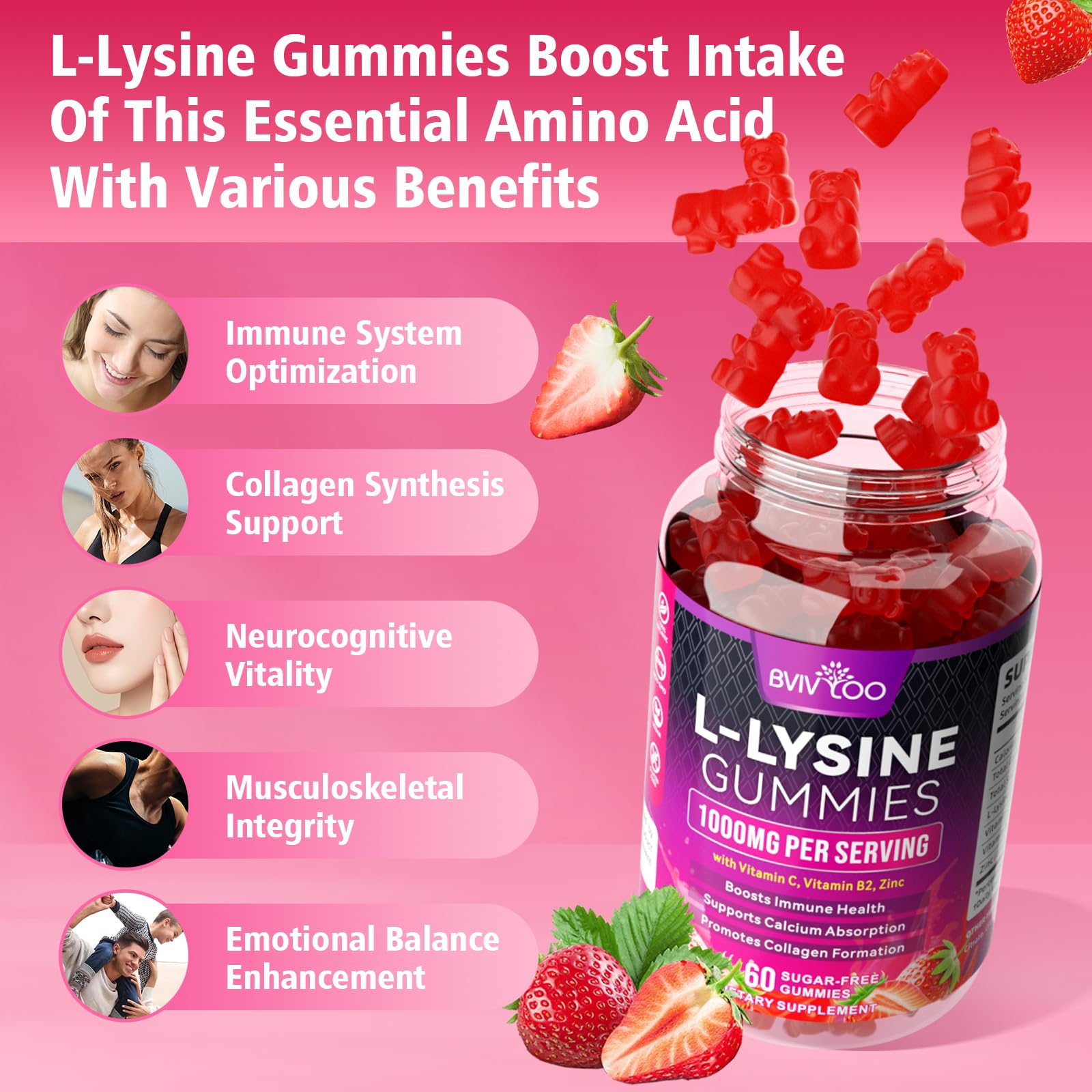 BVIVLOO L-Lysine 1000mg Gummies for Immune Support & Skin Health - High Potency Vegan Gummies, Sugar-Free, Natural Berry Flavor, Gluten-Free Chewable Supplement - Maple Wellness Supplements