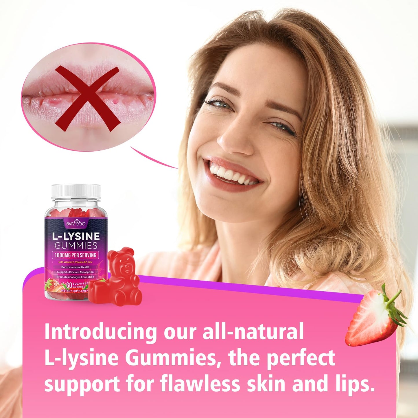 BVIVLOO L-Lysine 1000mg Gummies for Immune Support & Skin Health - High Potency Vegan Gummies, Sugar-Free, Natural Berry Flavor, Gluten-Free Chewable Supplement - Maple Wellness Supplements