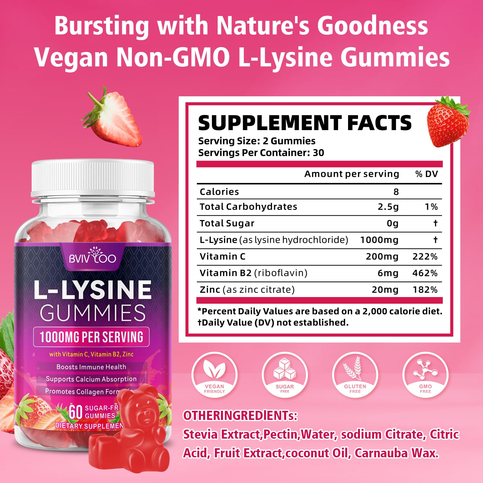 BVIVLOO L-Lysine 1000mg Gummies for Immune Support & Skin Health - High Potency Vegan Gummies, Sugar-Free, Natural Berry Flavor, Gluten-Free Chewable Supplement - Maple Wellness Supplements