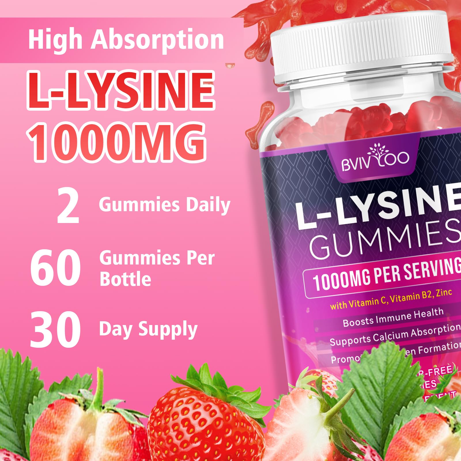 BVIVLOO L-Lysine 1000mg Gummies for Immune Support & Skin Health - High Potency Vegan Gummies, Sugar-Free, Natural Berry Flavor, Gluten-Free Chewable Supplement - Maple Wellness Supplements