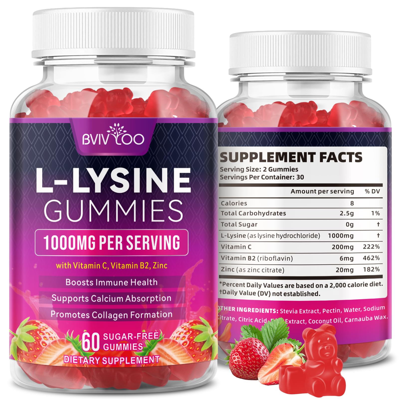 BVIVLOO L-Lysine 1000mg Gummies for Immune Support & Skin Health - High Potency Vegan Gummies, Sugar-Free, Natural Berry Flavor, Gluten-Free Chewable Supplement - Maple Wellness Supplements