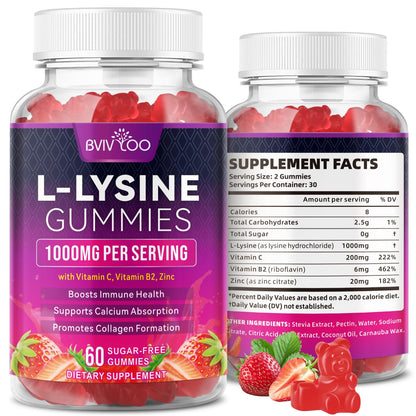 BVIVLOO L-Lysine 1000mg Gummies for Immune Support & Skin Health - High Potency Vegan Gummies, Sugar-Free, Natural Berry Flavor, Gluten-Free Chewable Supplement - Maple Wellness Supplements