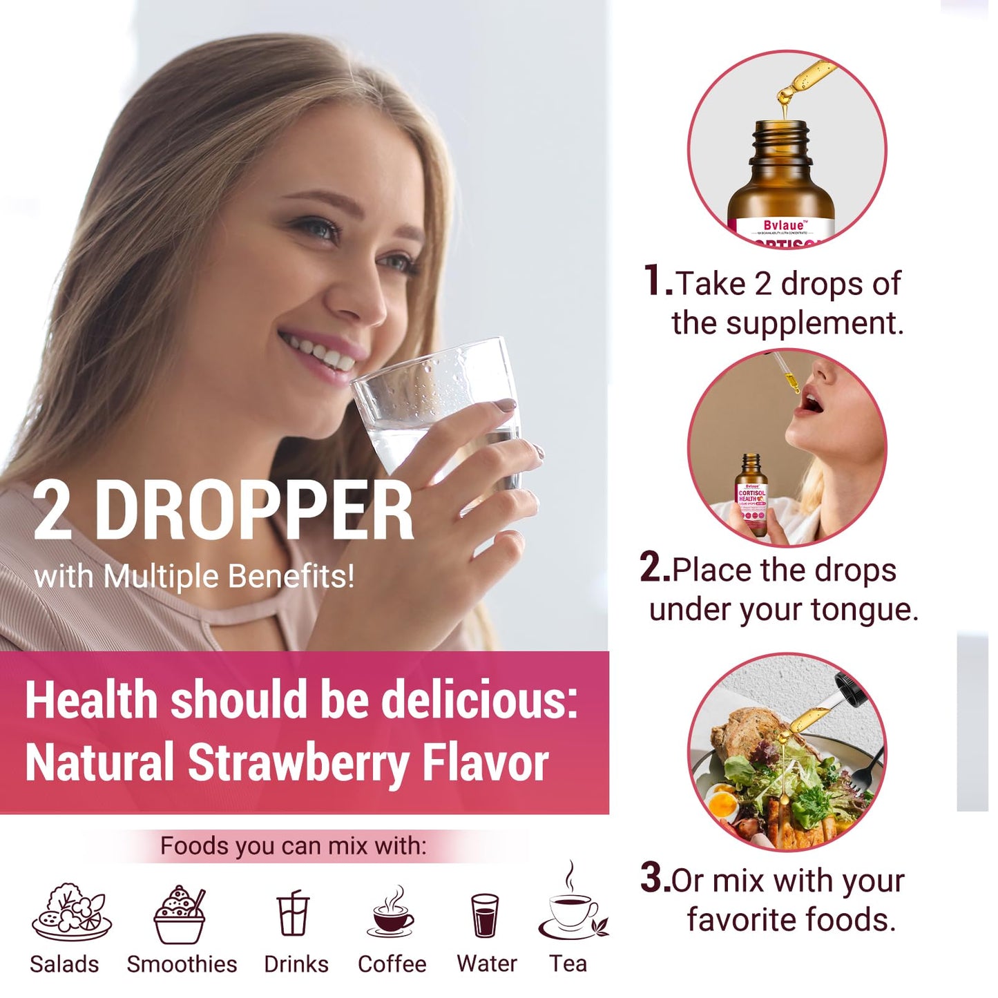 Bvlaue Cortisol Supplements Detox for Women - 20-in-1 Cortisol Reducer,Manager,Lower w/Ashwagandha,Magnesium,L-Theanine,Saffron,Rhodiola for Hormone Balance/Sleep/Stress Relief,Strawberry Flavor - Maple Wellness Supplements