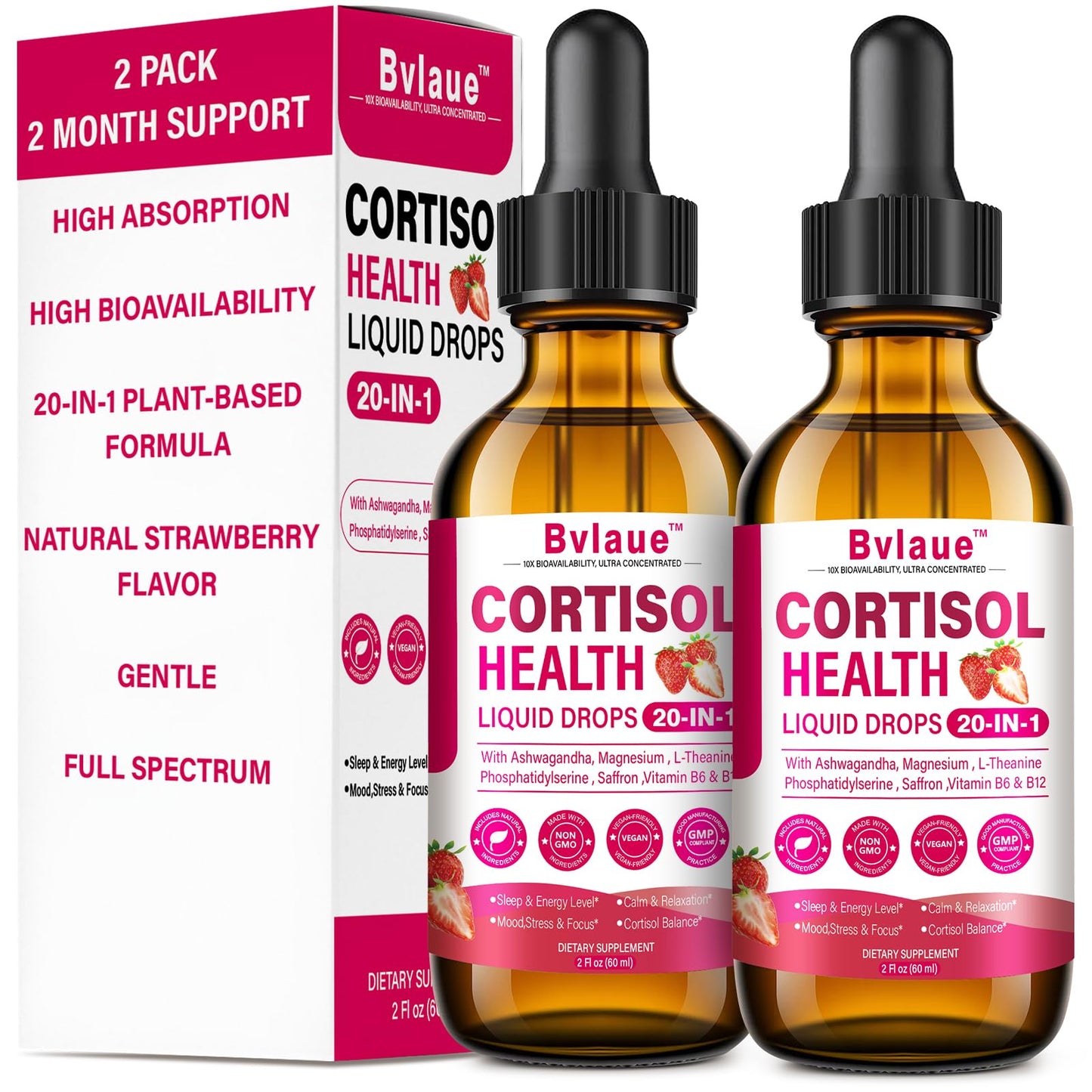 Bvlaue Cortisol Supplements Detox for Women - 20-in-1 Cortisol Reducer,Manager,Lower w/Ashwagandha,Magnesium,L-Theanine,Saffron,Rhodiola for Hormone Balance/Sleep/Stress Relief,Strawberry Flavor - Maple Wellness Supplements