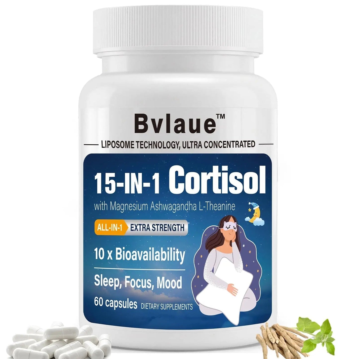 Bvlaue Cortisol Supplements for Women & Men - 15-in-1 Cortisol Reducer Manager Lower w/Ashwagandha,Magnesium,L-Theanine/Saffron Vitamin B6 & B12,60 Vegan CT for Stress Relief Sleep,Mood,Non-GMO - Maple Wellness Supplements