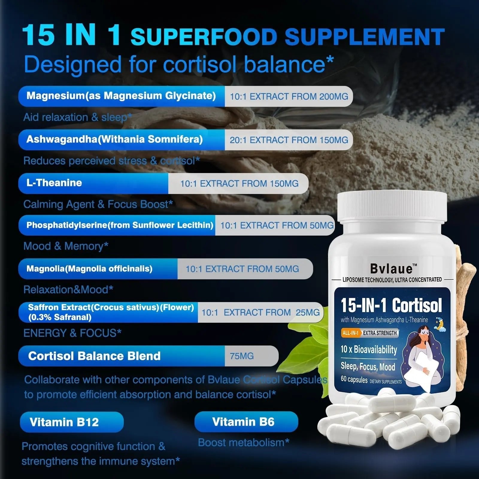 Bvlaue Cortisol Supplements for Women & Men - 15-in-1 Cortisol Reducer Manager Lower w/Ashwagandha,Magnesium,L-Theanine/Saffron Vitamin B6 & B12,60 Vegan CT for Stress Relief Sleep,Mood,Non-GMO - Maple Wellness Supplements