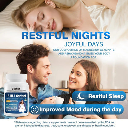 Bvlaue Cortisol Supplements for Women & Men - 15-in-1 Cortisol Reducer Manager Lower w/Ashwagandha,Magnesium,L-Theanine/Saffron Vitamin B6 & B12,60 Vegan CT for Stress Relief Sleep,Mood,Non-GMO - Maple Wellness Supplements