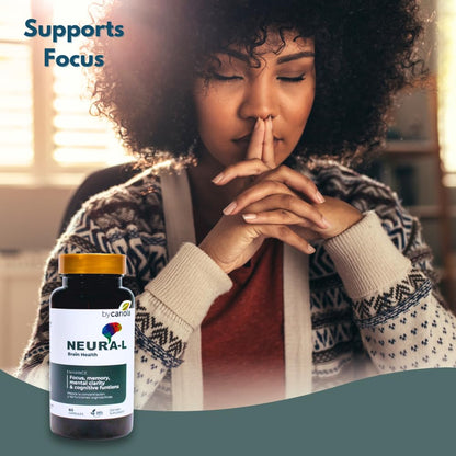BY CARIOLA Neural-L Natural Brain Support Supplement 60 Caps - Mental Support – Memory Booster - Concentration - Natural Formula - Ashwagandha - L-Tyrosine - L-Theanine - Maple Wellness Supplements
