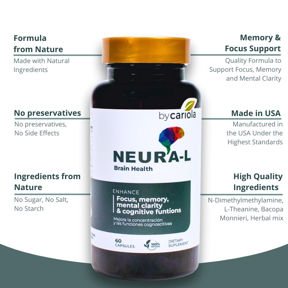 BY CARIOLA Neural-L Natural Brain Support Supplement 60 Caps - Mental Support – Memory Booster - Concentration - Natural Formula - Ashwagandha - L-Tyrosine - L-Theanine - Maple Wellness Supplements
